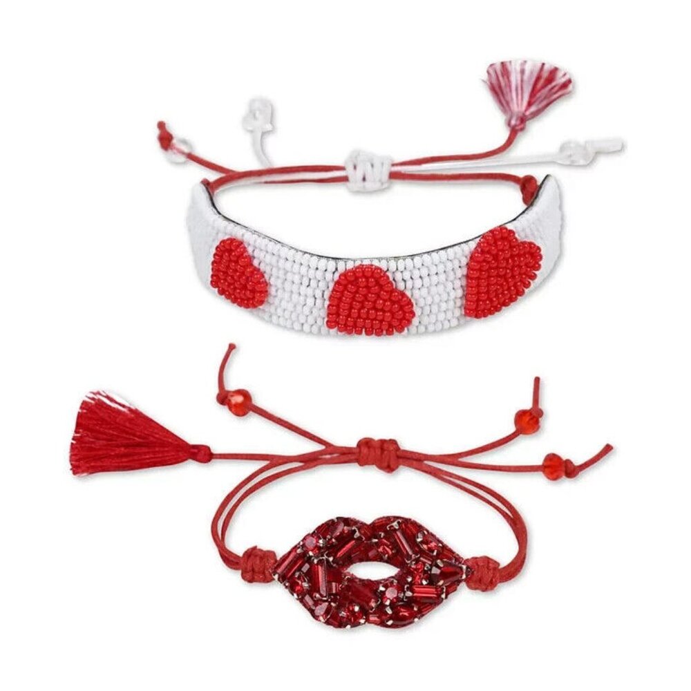 Deepa 2-Pc. Silver-Tone Crystal & Bead Love-Motif Friendship Slider Bracelet Set